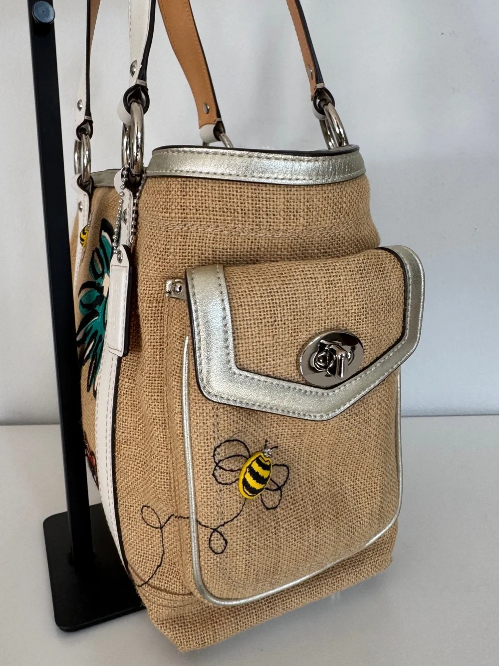 Coach Limited Edition Bumble Bee Floral Tote with White Trim and Green Interior